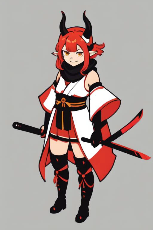 <lora:smol02:1>, 1girl, solo, weapon, red hair, horns, virtual youtuber, oni, white background, hair over one eye, oni horns, full body, closed mouth, simple background, ninja, puffy sleeves, sword, sheathed, weapon on back, fishnets, japanese clothes, sta...