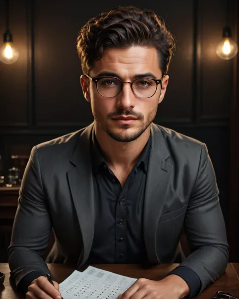 Surrealist art (Photo:1.3) of (Ultrarealistic:1.3) <lora:Man_Men_FFashion:1>,"a man in glasses sitting at a table, mid shot portrait, soft portrait shot 8 k, cinematic portrait, jewish young man with glasses, sad man, portrait shot 8 k, atmospheric portrai...