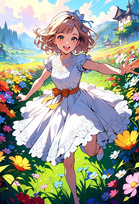 a woman in a white dress is walking through a field of flowers