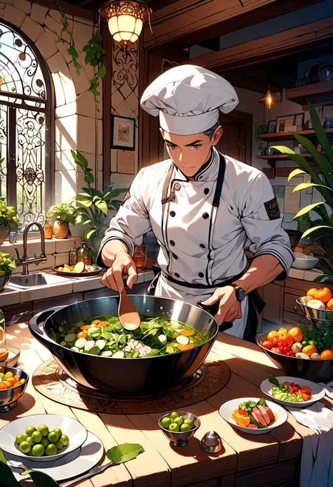 chef preparing a salad in a large bowl on a table