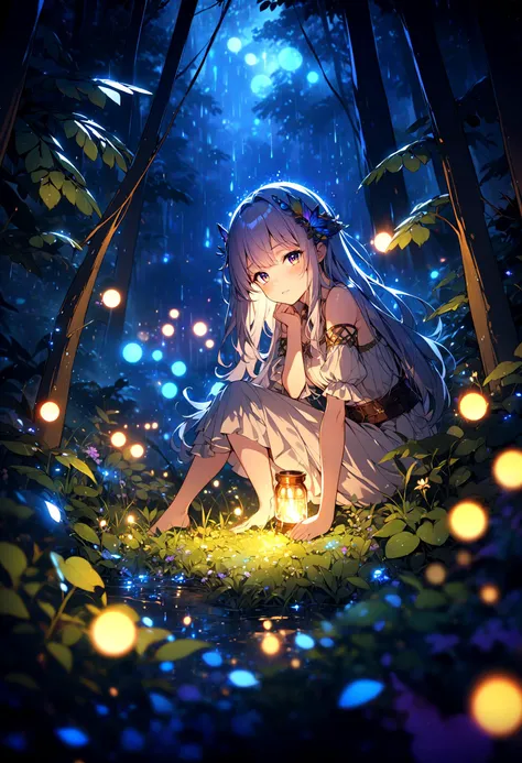 a girl sitting in the woods with fireflies in her hand