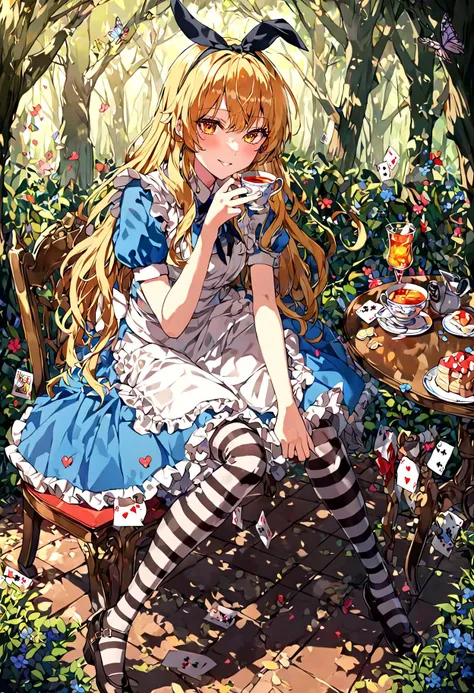 1girl, alicecos, thighhighs, legwear, hair ribbon, blue dress, short sleeves, frills apron, puffy short sleeves, 
fantasy, fairy forest colorful details, tea, table, drink me,
masterpiece, best quality, <lora:alicecosXLv2:1>