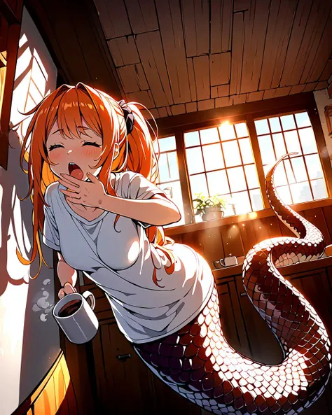 anime girl with red hair and a white shirt holding a cup