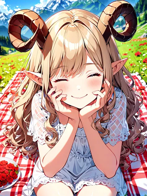 top down perspective, pov, wide angle, 1girl, (long wavy hair, curly rams horns, pointy ears:1.3), picnic, laying head in hand, hand caressing cheek, happy, smiling, embarrassed, one eye closed, sitting on blanket with checkered pattern, laid out , in the ...