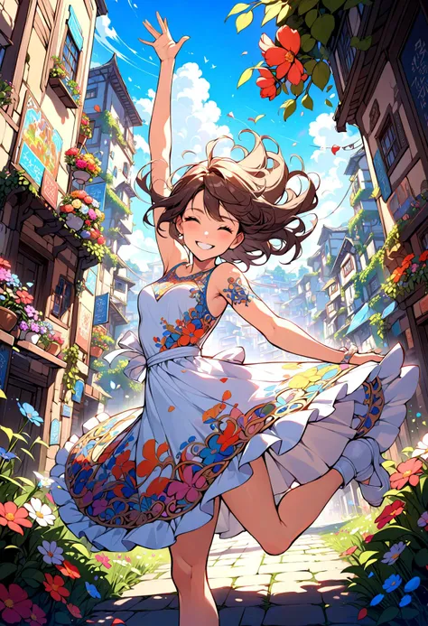 masterpiece (intricate:1.5) Graffiti art girl, smile,dress,dynamic pose,cheerful,flowers landscape