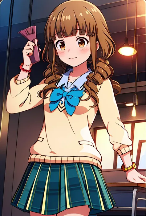 (masterpiece, best quality), 1girl,  <lora:Nanashima-Aoi:0.8>nanashimaaoiy, light brown hair, low twintails, blunt bangs, drill hair, long hair, brown eyes, yellow sweater, blue bowtie, white shirt, long sleeves, bracelet, green skirt, pleated skirt, schoo...