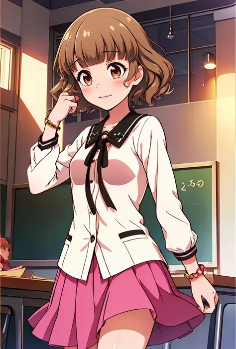 (masterpiece, best quality), 1girl,   <lora:Nanashima-Aoi:0.8> nanashimaaoim, light brown hair, blunt bangs, wavy hair, short hair, brown eyes, teacher, white shirt, neck ribbon, black ribbon, long sleeves, bracelet, jewelry, pink skirt, pleated skirt,