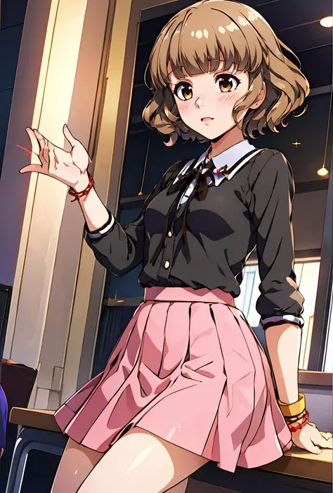 (masterpiece, best quality), 1girl,   <lora:Nanashima-Aoi:0.8> nanashimaaoim, light brown hair, blunt bangs, wavy hair, short hair, brown eyes, teacher, white shirt, neck ribbon, black ribbon, long sleeves, bracelet, jewelry, pink skirt, pleated skirt,