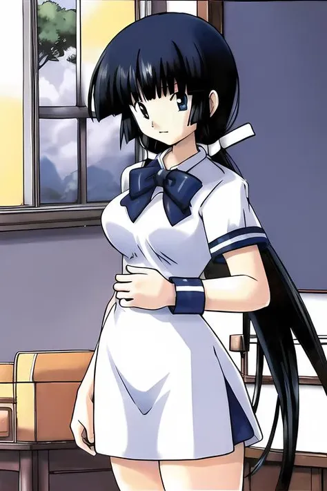 sugimori ken 1990s,mayuzumi yukie, 1girl, best quality, masterpiece, dark blue eyes, white school uniform, monochrome, <lora:Mayuzumi_Yukie-15:0.6>,  <lora:kenSugimori1990sClassic_v12:0.9>