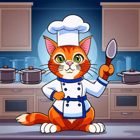 cartooneffects two, a cat in a chefs uniform holding a spoon with pans in the background in the kitchen