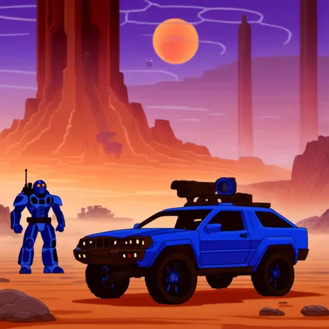 cartooneffects two, a car driving through a desert with a giant machine in the background and a satellite dish in the distance