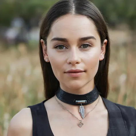 a close up of a woman wearing a black top and a choke