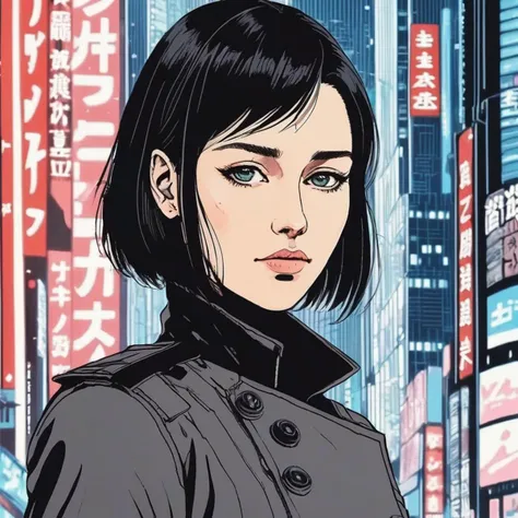 a woman in a black coat standing in front of a city