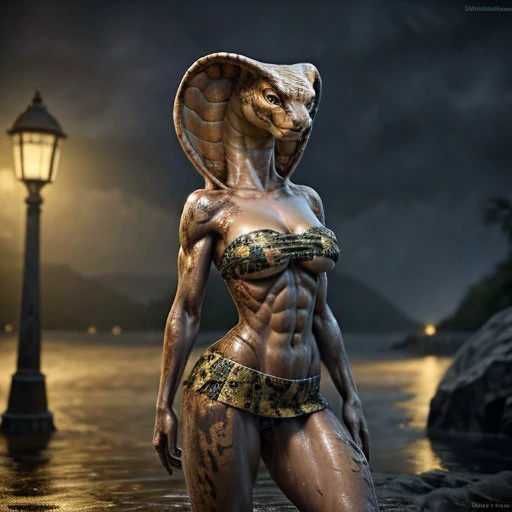 photorealistic, (4k), depth of field, (masterpiece), (realistic fur texture), sharp detail, best quality, woman, (mother), ((cobra)), (small breasts), (detailed head), helmet, cleavage , black short hair, ((masterpiece)), (standing against the background o...