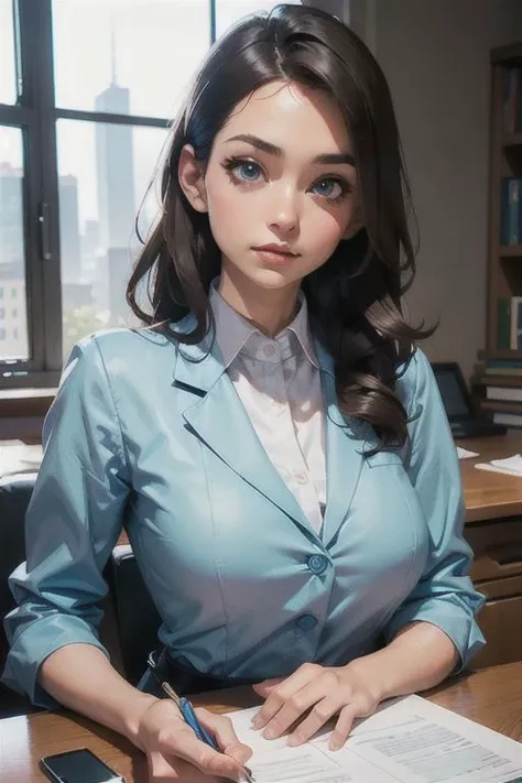 a woman in a blue shirt sitting at a desk with a pen