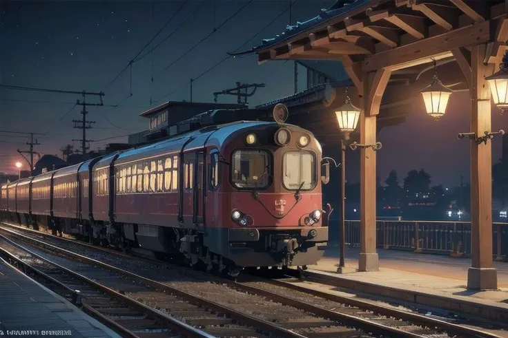 modern railway station, night, dark, intricate details, greater detailed composition, studio ghibli anime, beautiful, intricate details. 8K resolution, (best quality:1.3), (masterpiece:1.3),