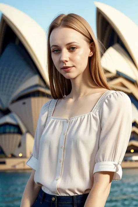 European woman, closeup, sandals, (shirt), pants, (sydney opera house), (ZM_aurora: 1.1), wide shoulders, perfect face, (contact iris: 1.1), pale skin, skin pores , depth of field