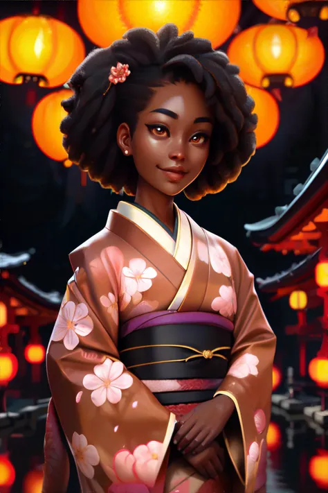 <lora:ebonyanime:0.8>, dark-skinned_female, woman wearing kimono, japanese lantern festival || masterpiece, perfect quality, sharp focus, shallow depth of field, 8k