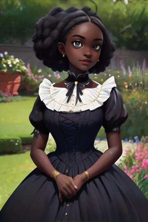 <lora:ebonyanime:0.8>, dark-skinned_female, woman wearing victorian dress, garden || masterpiece, perfect quality, sharp focus, shallow depth of field, 8k