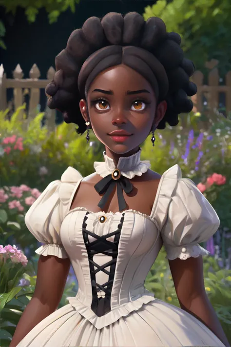 <lora:ebonyanime:0.8>, dark-skinned_female, woman wearing victorian dress, garden || masterpiece, perfect quality, sharp focus, shallow depth of field, 8k