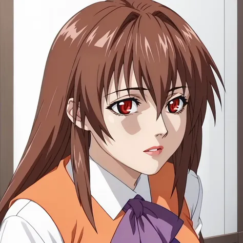 <lora:RenaAsaokaXLpony005>,
looking up,half-closed eye,parted lips,
solo,
RenaAsaoka,1girl,brown hair,long hair,hair between eyes,red eyes,
medium breasts,
white shirt,long_sleeves,purple ribbontie,orange vest,