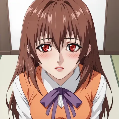 anime girl with long brown hair and red eyes sitting on a floor