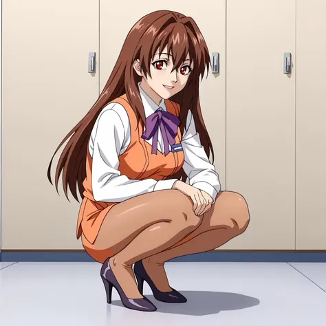 anime girl kneeling down in a room with a pair of high heels