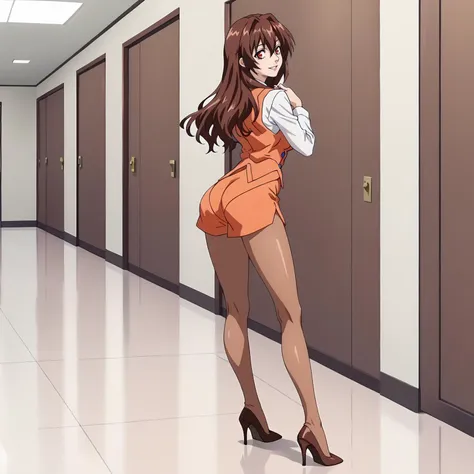 a woman in a short skirt and high heels standing in a hallway