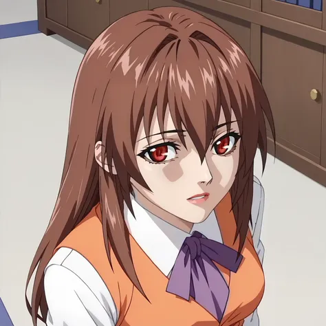 <lora:RenaAsaokaXLpony005>,
looking up,half-closed eye,parted lips,looking at viewer,
solo,
RenaAsaoka,1girl,brown hair,long hair,hair between eyes,red eyes,
medium breasts,
white shirt,long_sleeves,purple ribbontie,orange vest,