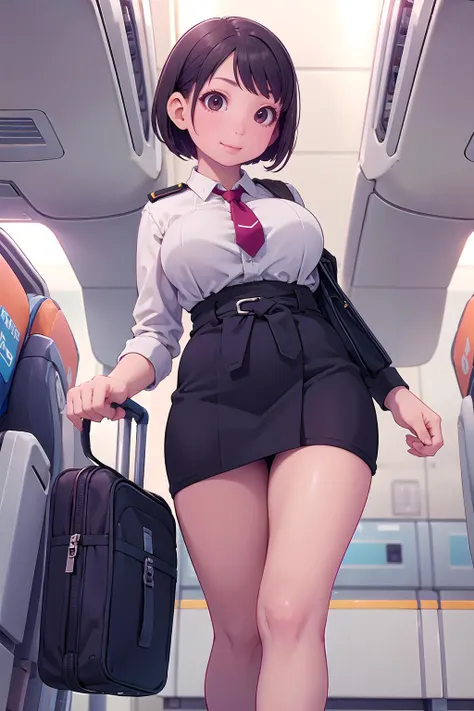 masterpiece, best quality,1girl,young girl,brown eyes,short hair,mesugaki smile,shiny skin,(nice leg line:1.3),thin waist,huge breasts,
BREAK
Flight attendant, Uniform, Airplane, Serving passengers, Providing safety instructions, Responding to emergencies
...