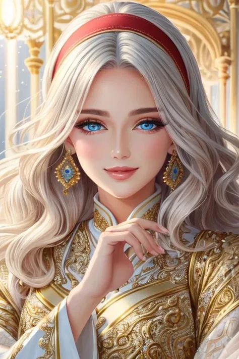 beautiful detailed portrait, a beautiful mature kind woman, long wavy lush white hair, red hairband, beautiful expressive blue eyes, delicate oval face, sharp chin, delicate nose, lush lips, kind gentle smile, bright shining waves of healing life magic, sh...