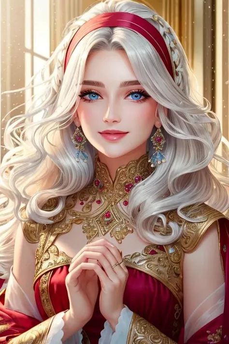 beautiful detailed portrait, a beautiful mature kind woman, long wavy lush white hair, red hairband, beautiful expressive blue eyes, delicate oval face, sharp chin, delicate nose, lush lips, kind gentle smile, bright shining waves of healing life magic, sh...