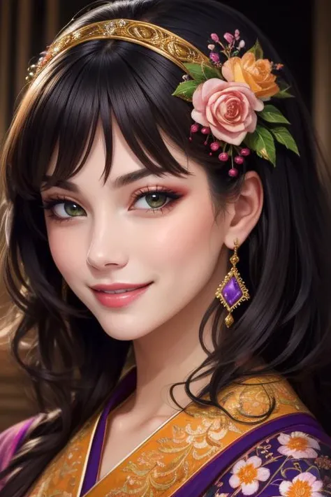 Beautiful detailed portrait, kind mature beautiful woman, long straight black hair, straight bangs, enchanting orange eyes, beautiful detailed face, small delicate nose, beautiful delicate red lips, purple kimono, slight smile, best quality, extemely detai...