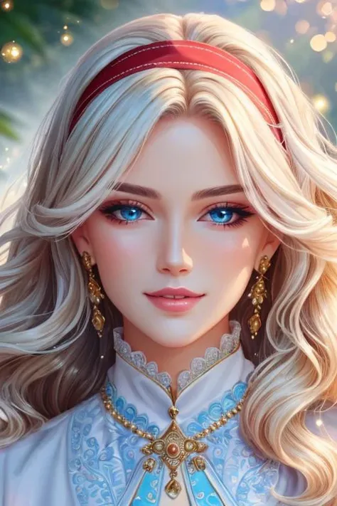 beautiful detailed portrait, a beautiful mature kind woman, long wavy lush white hair, red hairband, beautiful expressive blue eyes, delicate oval face, sharp chin, delicate nose, lush lips, kind gentle smile, bright shining waves of healing life magic, sh...