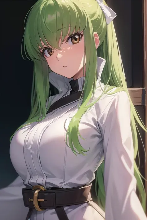 a woman with green hair and a white shirt is posing