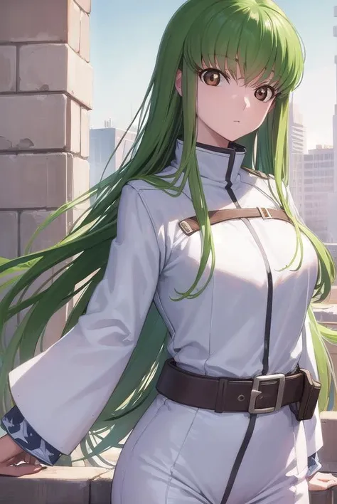 a close up of a woman with long green hair standing on a ledge