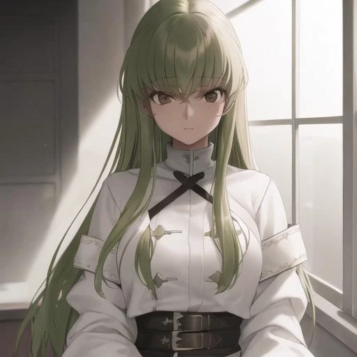 1girl, solo, <lora:CodeGeas_cctest:1> CC, straightjacket,  cc, (brown eyes:1.5), green hair, long hair, straight hair,,straitjacket, (white straitjacket:1.5), wide sleeves,, masterpiece, best quality, detailed, highres, masterpiece, perfect ligthing, cinem...