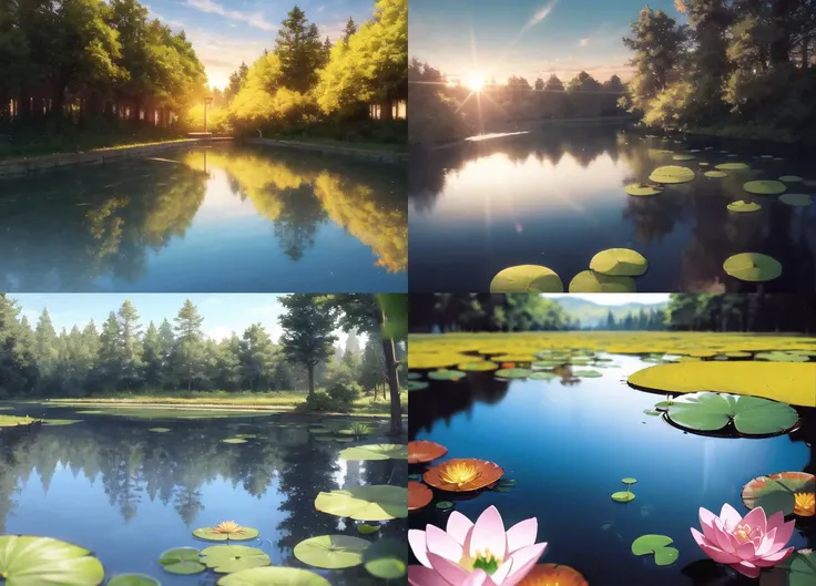 there are four pictures of a pond with water lillies and trees