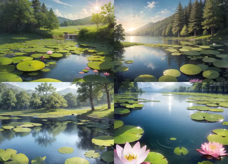 there are two pictures of a lake with lily pads and a mountain