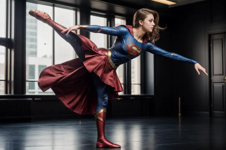 DC movies,full body,photo of a 18 year old girl,supergirl,happy,practicing ballet,ray tracing,detail shadow,shot on Fujifilm X-T4,85mm f1.2,sharp focus,depth of field,blurry background,blurry foreground,bokeh,lens flare,motion blur,<lora:add_detail:1>,