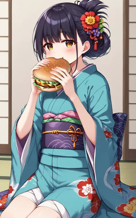 a woman in a kimono eating a hamburger while sitting on the floor