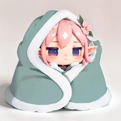 <lora:cozyblanket:1.0>, cozyblanket, simple background, elf chibi, Pastel Pink blanket, masterpiece, 8k, high resolution, shallow depth of field, sharp focus