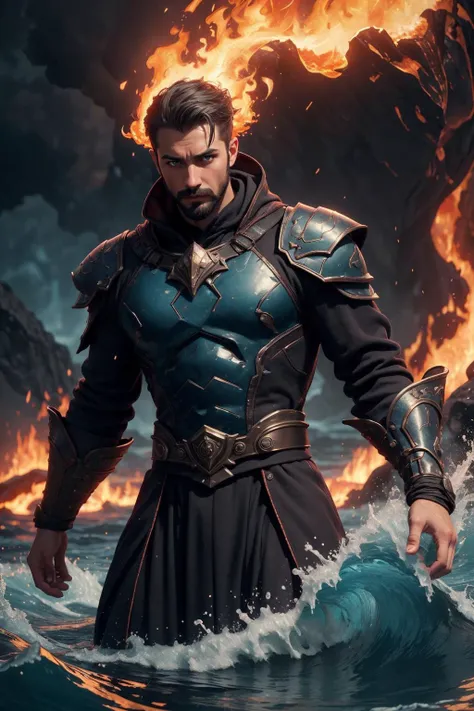 a man in armor standing in the water with a fire in his hand