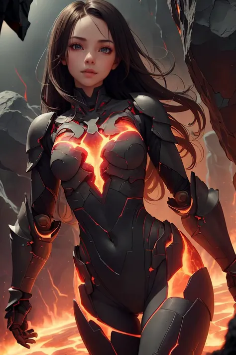 a woman in a black suit with red flames on her chest