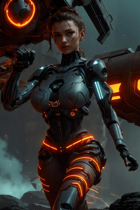 (nsfw:0.5), (<lora:ExoMagmaTech-20:0.9>, exomagmatech, scifi), female Cyber Assasin, , Midlife, Slim, Middle Easterner, Hazel eyes,     Defined Cheeks, Widows Peak Forehead, Heart face shape, Graceful Collarbone, , Brunette High ponytail hair, Contempt, Bi...