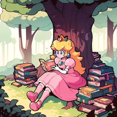 Score_9, Score_8_up, Score_7_up, Score_6_up, Score_5_up, Source_anime, rating_safe, 1girl, princess peach, sitting next to a giant tree, zoomed out, resting head against tree, reading a book,