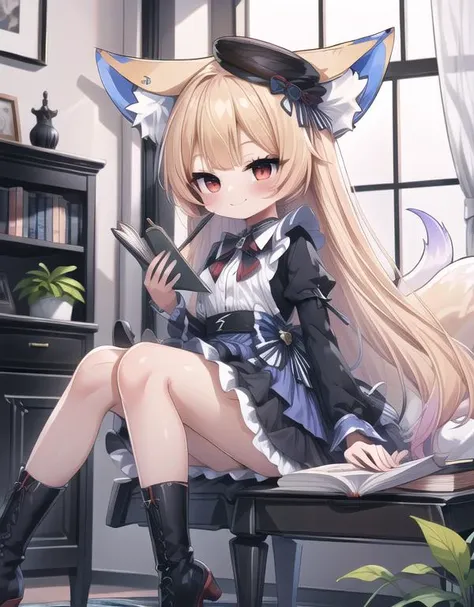 insanely detailed,absurdres,ultra-highres,ultra-detailed,best quality BREAK <lora:better ROCOCO3:0.8>,rococo,1girl,teenager,blonde hair,(very long hair:1.3),gradient hair,fox ears,fox tails,(red eyes:1.4),mini hat,white_shirt,pleated_dress,socks,blue dress...