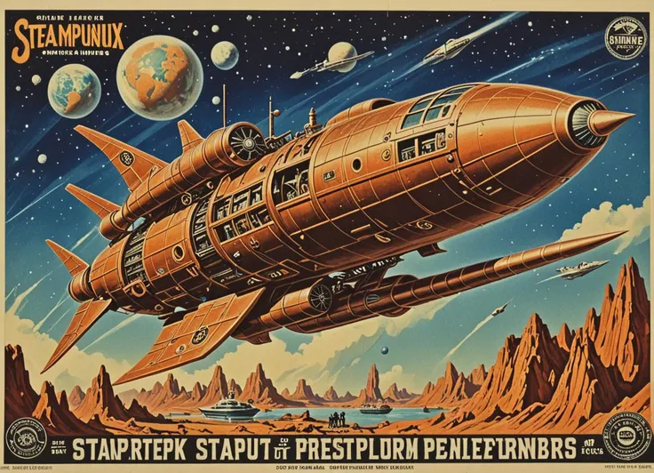 a close up of a poster of a space ship in the sky