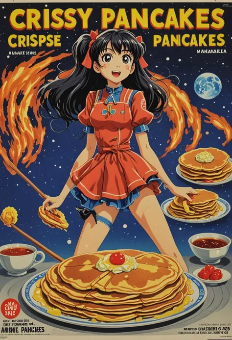 a poster of a girl in a red dress holding a fork and pancake