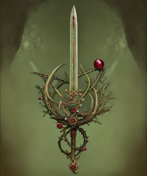 <lora:fantasysword-13:1> , fantasysword rapier sword of nature, (realistic styled by karol bak : 1.4). complex ornate background...